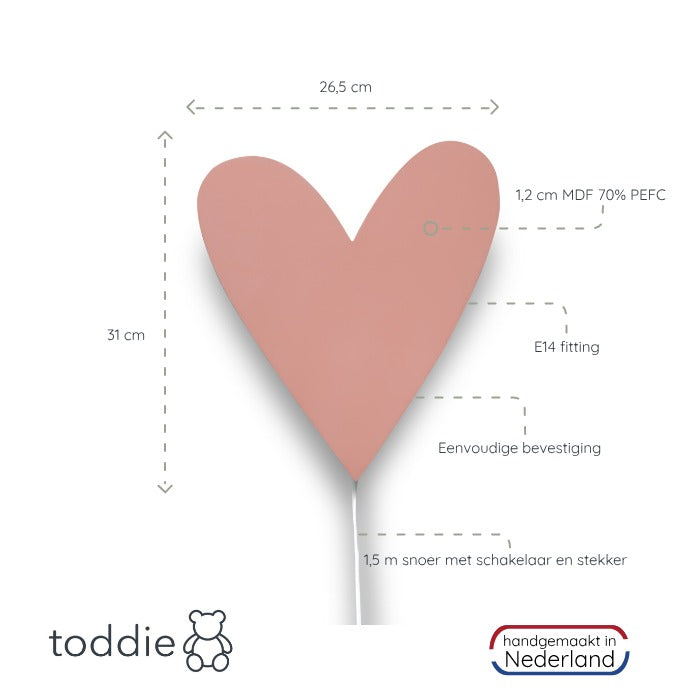 Wooden Wall Lamp for Children's Room | Heart-Shaped - Terra Pink